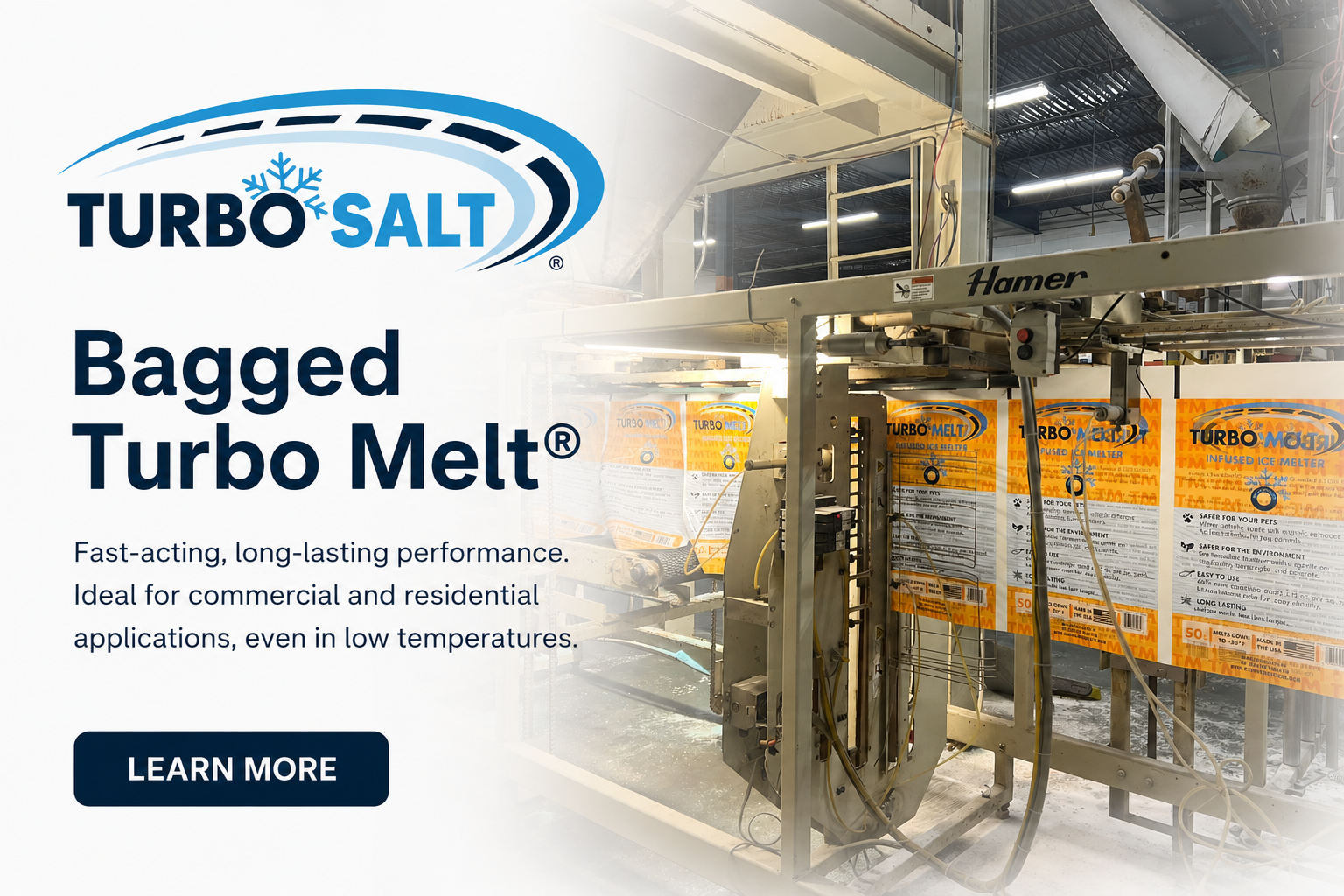Advertisement for Turbo Salt Bagged Turbo Melt, a long-lasting ice melter, with a manufacturing facility in the background showing packaging machinery.