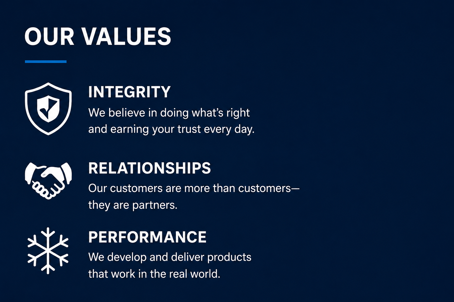 Company values infographic displaying three principles: Integrity with a shield icon, Relationships with a handshake icon, and Performance with a snowflake icon, each with descriptive text.