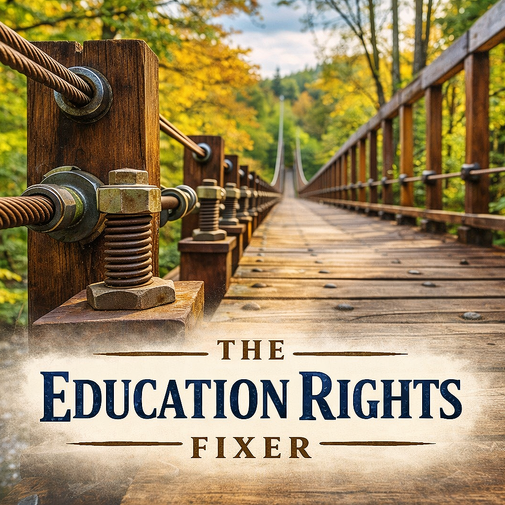 A wooden suspension bridge over a forest with trees displaying fall foliage, and text overlay reading 'The Education Rights Fixer'.