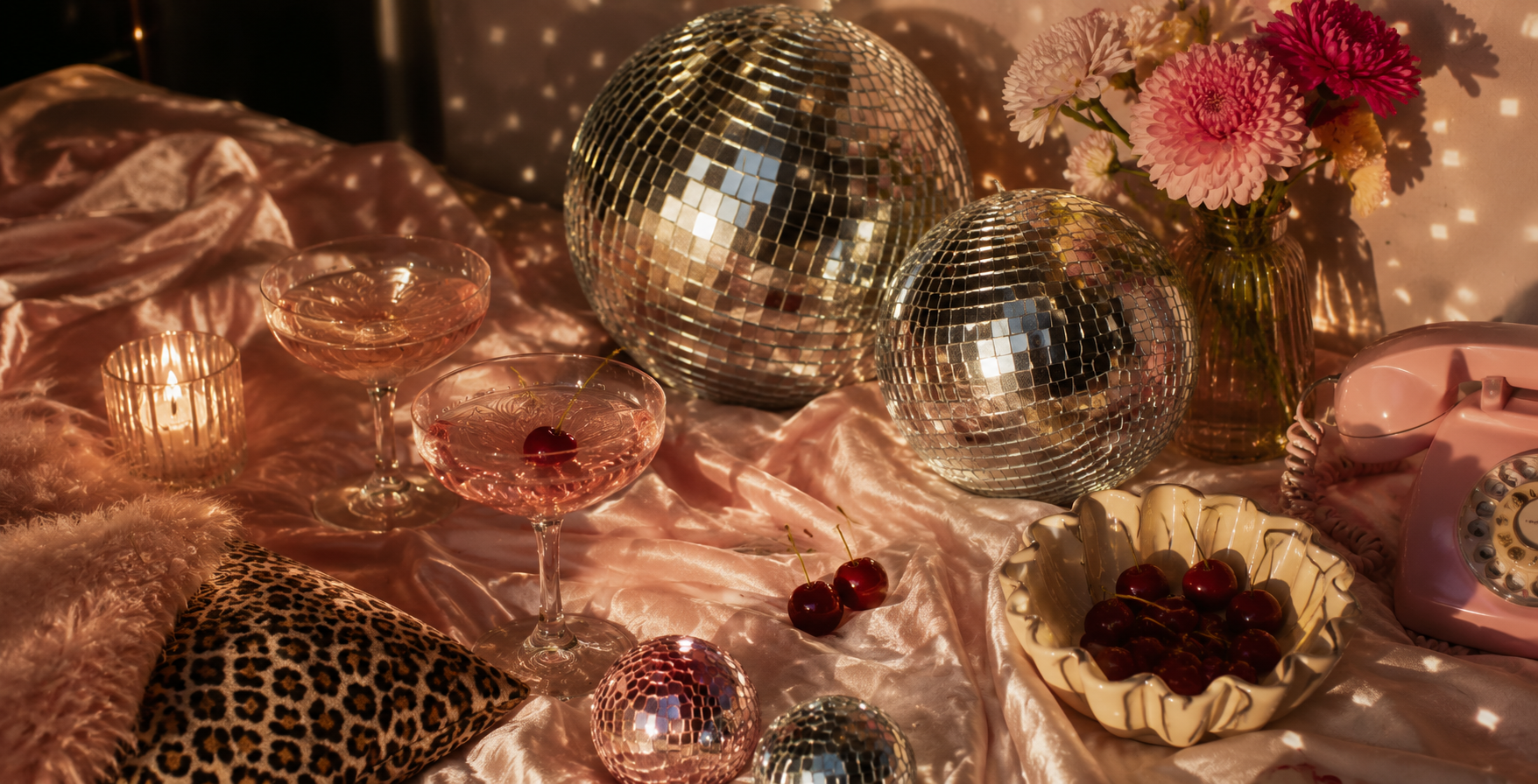 A pink satin tablecloth with a fluffy faux fur blanket, a leopard print pillow, and vintage decor including a pink rotary phone, a vase of pink and white flowers, a bowl of cherries, four cocktail glasses with pink drinks, and several disco balls and candles creating a warm, nostalgic ambiance.