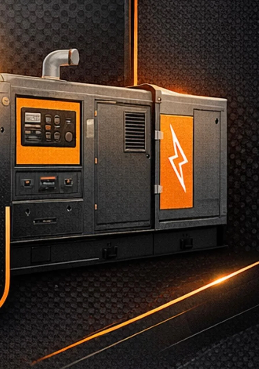 Generador eléctrico de color negro con detalles en naranja y un rótulo con un rayo en la puerta.