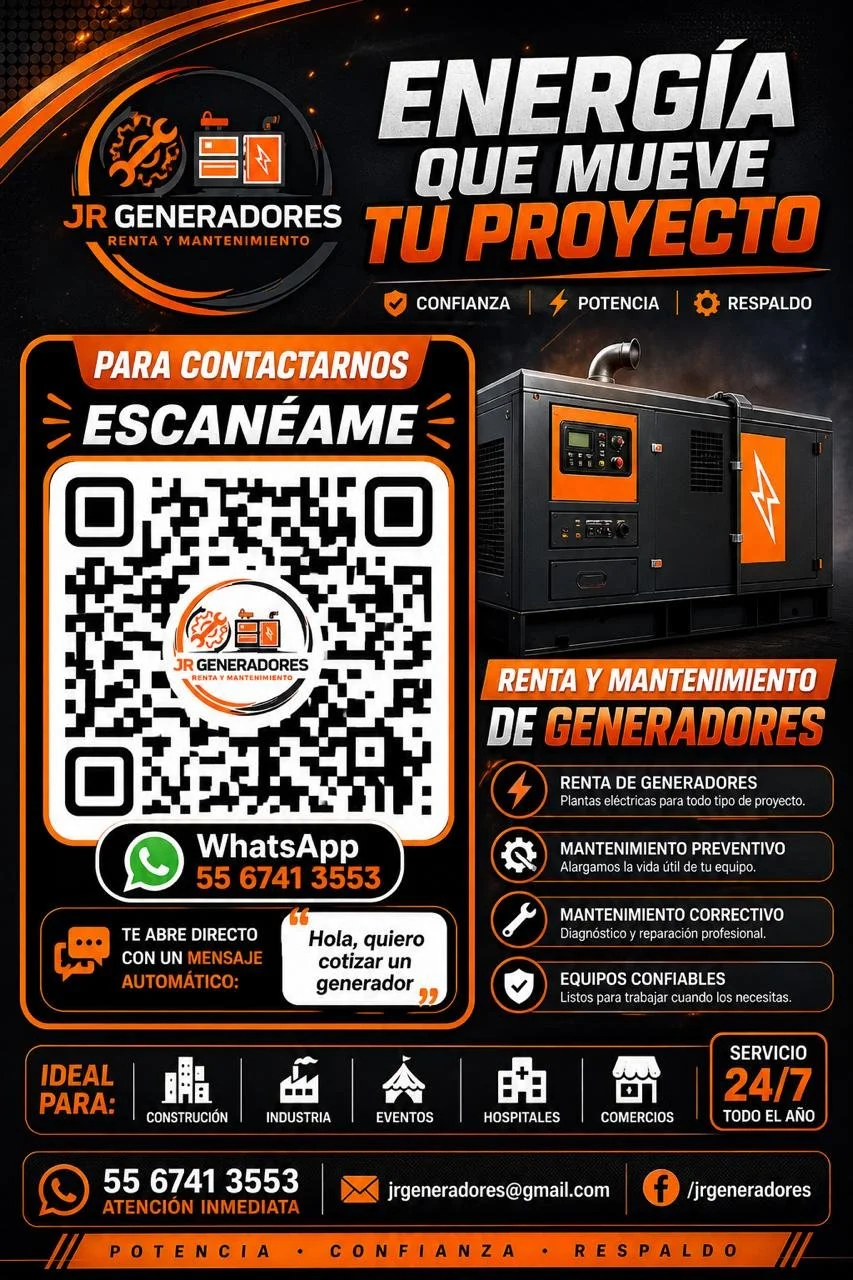 Publicidad de generadores con información de contacto y servicios, destacando la renta y mantenimiento, incluyendo código QR y número de WhatsApp.