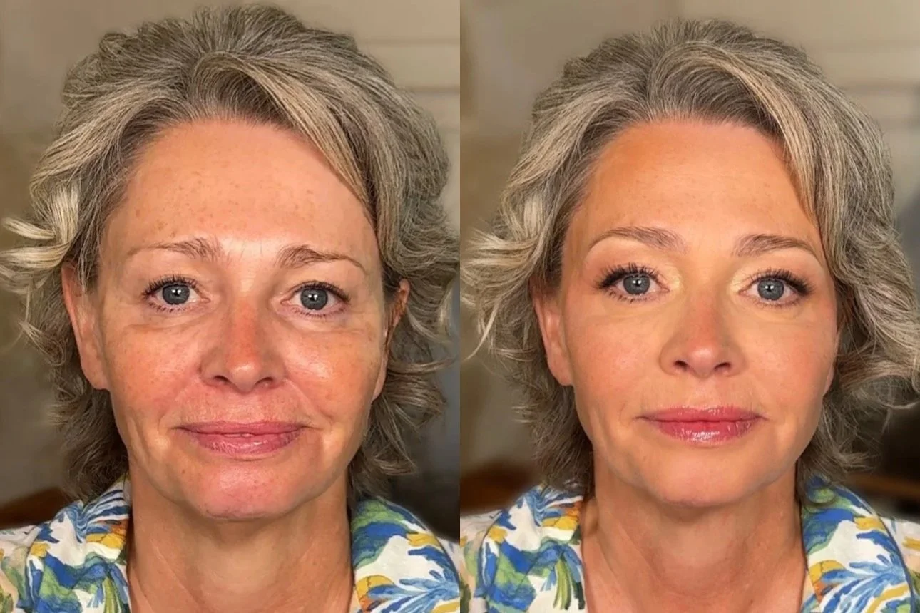 Comparaison avant et après d'une femme avec maquillage et soins de beauté, montrant une peau plus lisse, un teint plus uniforme et un maquillage léger sur le visage.
