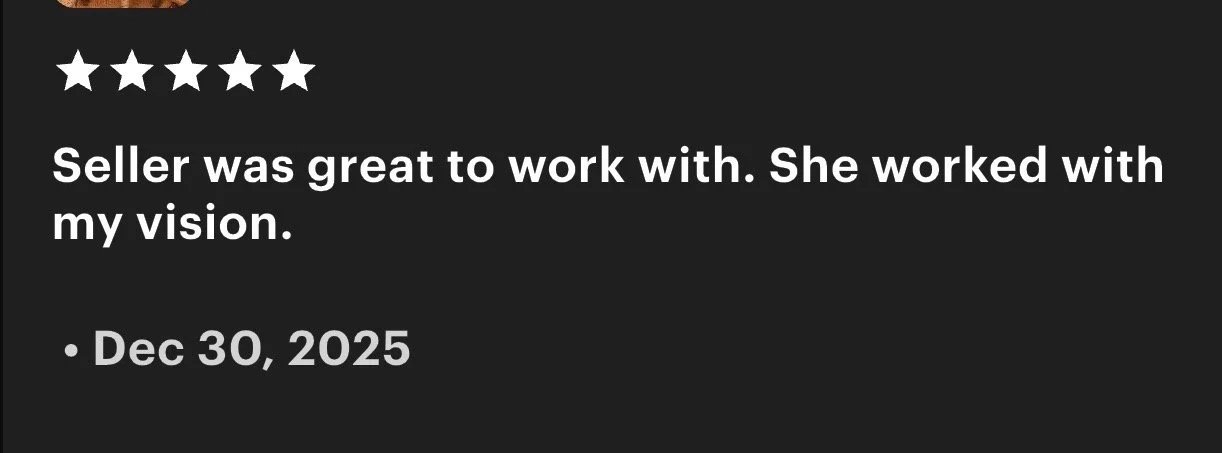 Customer review with five stars, praising the seller for being great to work with and for working with the customer's vision, dated December 30, 2025.