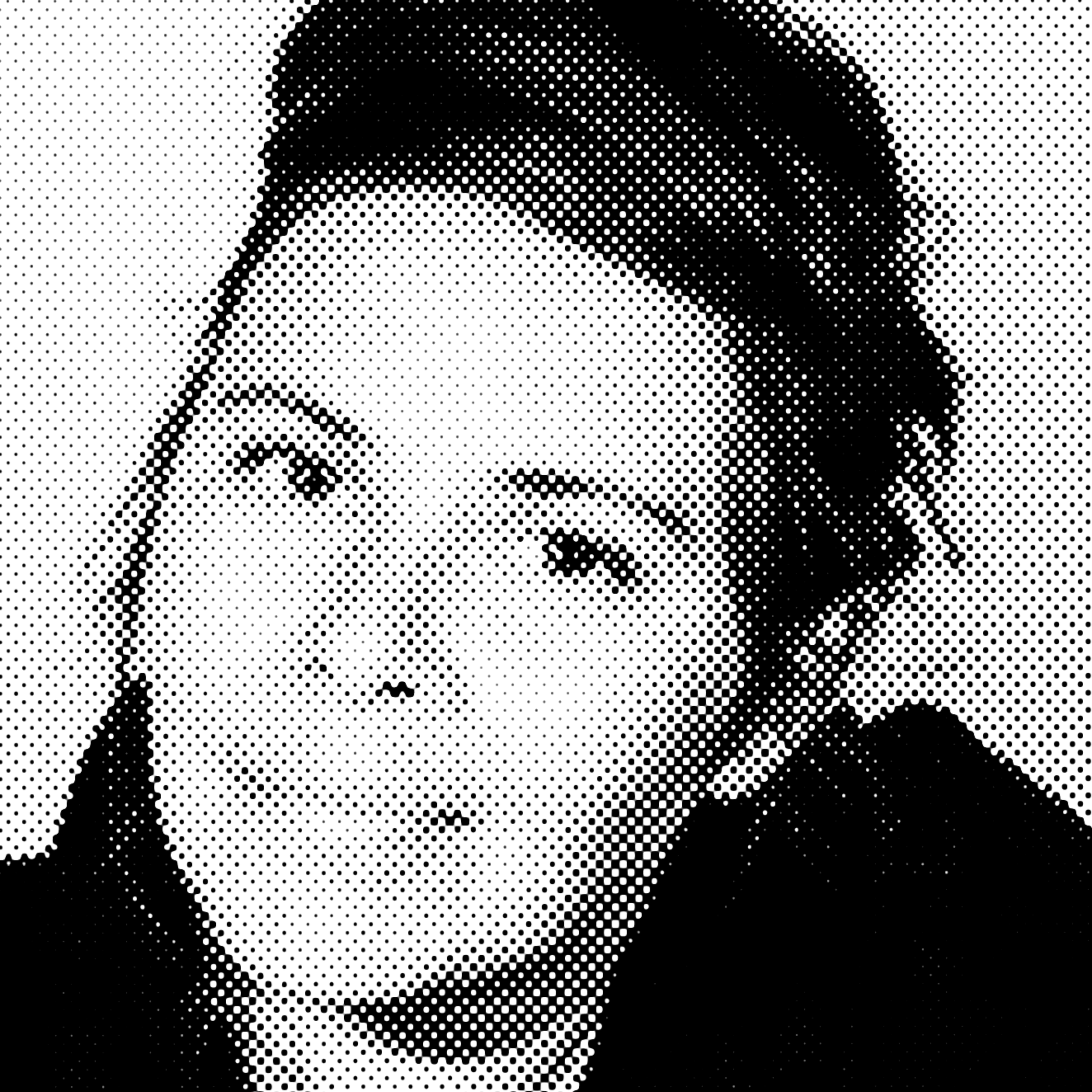 Portrait de profil d'une femme avec un chignon, représenté en style pointillisme noir et blanc.