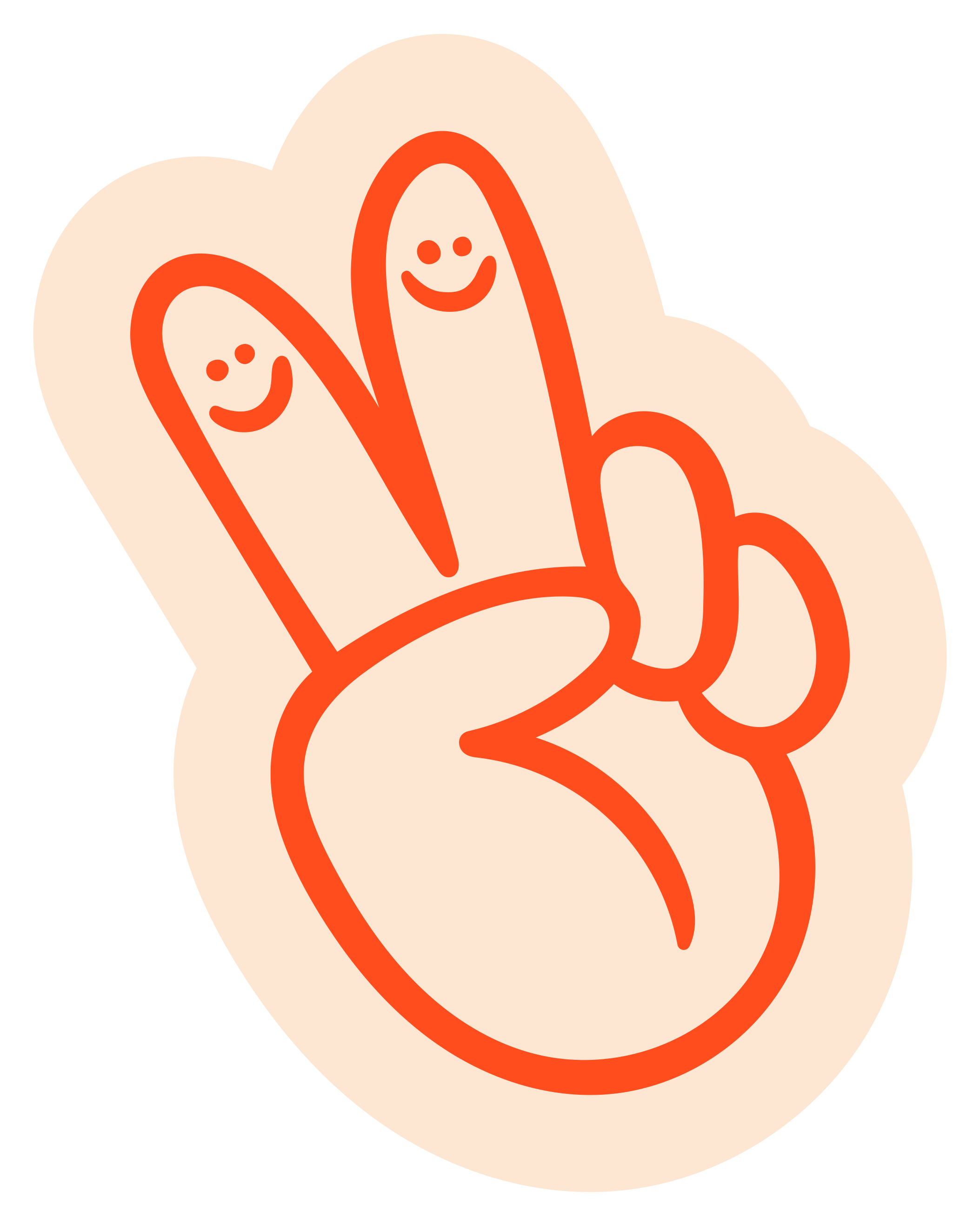 Illustration of a hand making a peace sign with smiling faces on the fingers for Hand It Down Kid to Kid Resale Shop in Santa Cruz, CA (by artist, Dorey Kronick)