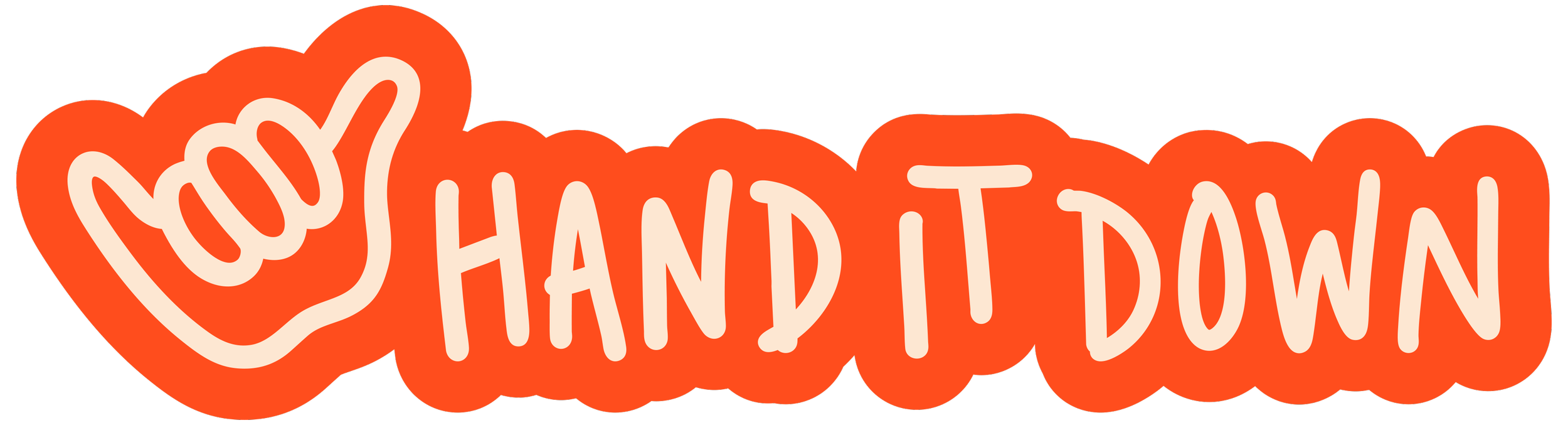 Hand It Down Santa Cruz, CA hand drawn logo with hand doing shaka symbol by artist and illustrator, Dorey Kronick
