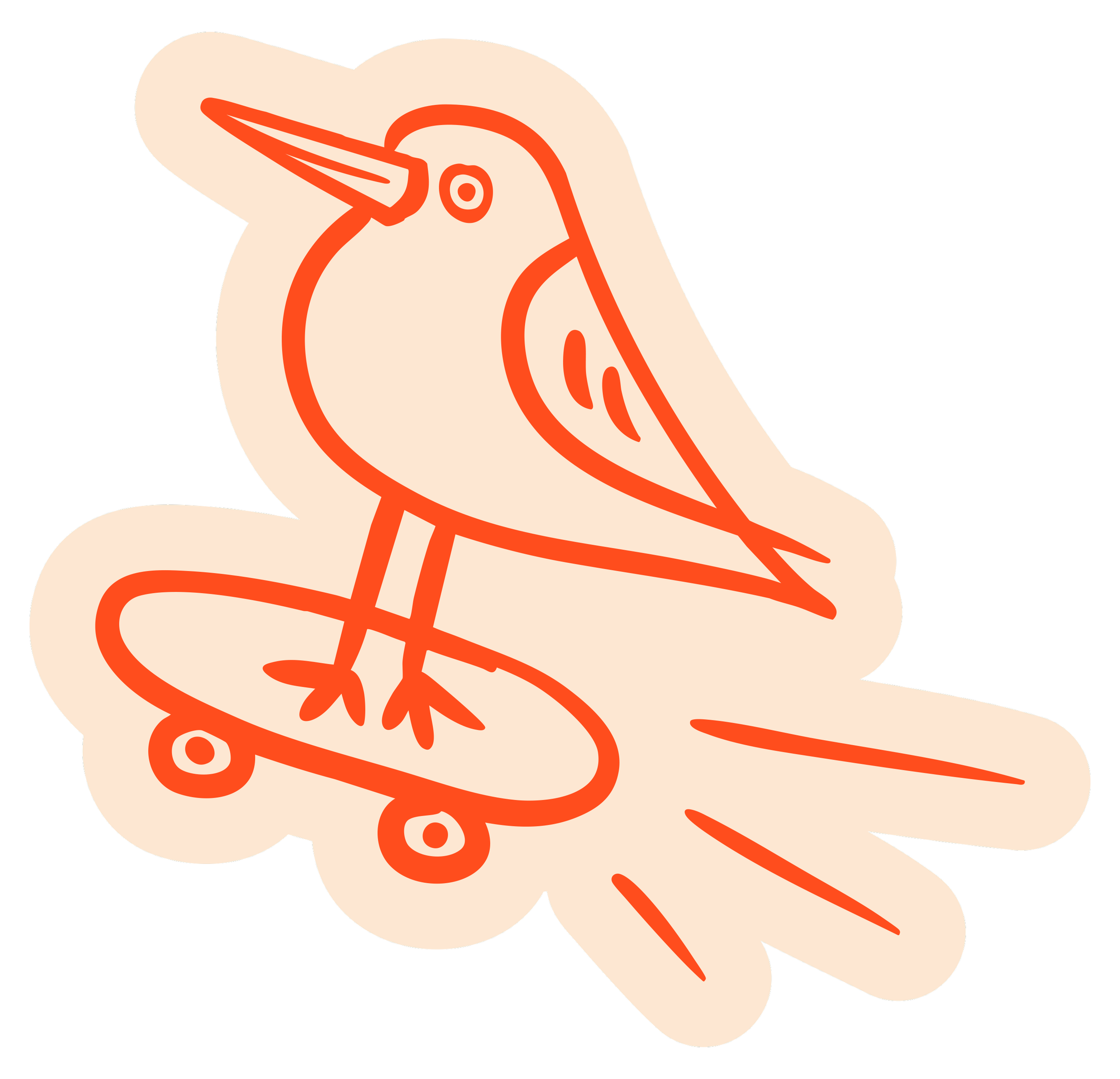 Illustration of a sandpiper with a cute face riding a skateboard for Hand It Down Kid to Kid Resale Shop in Santa Cruz, CA