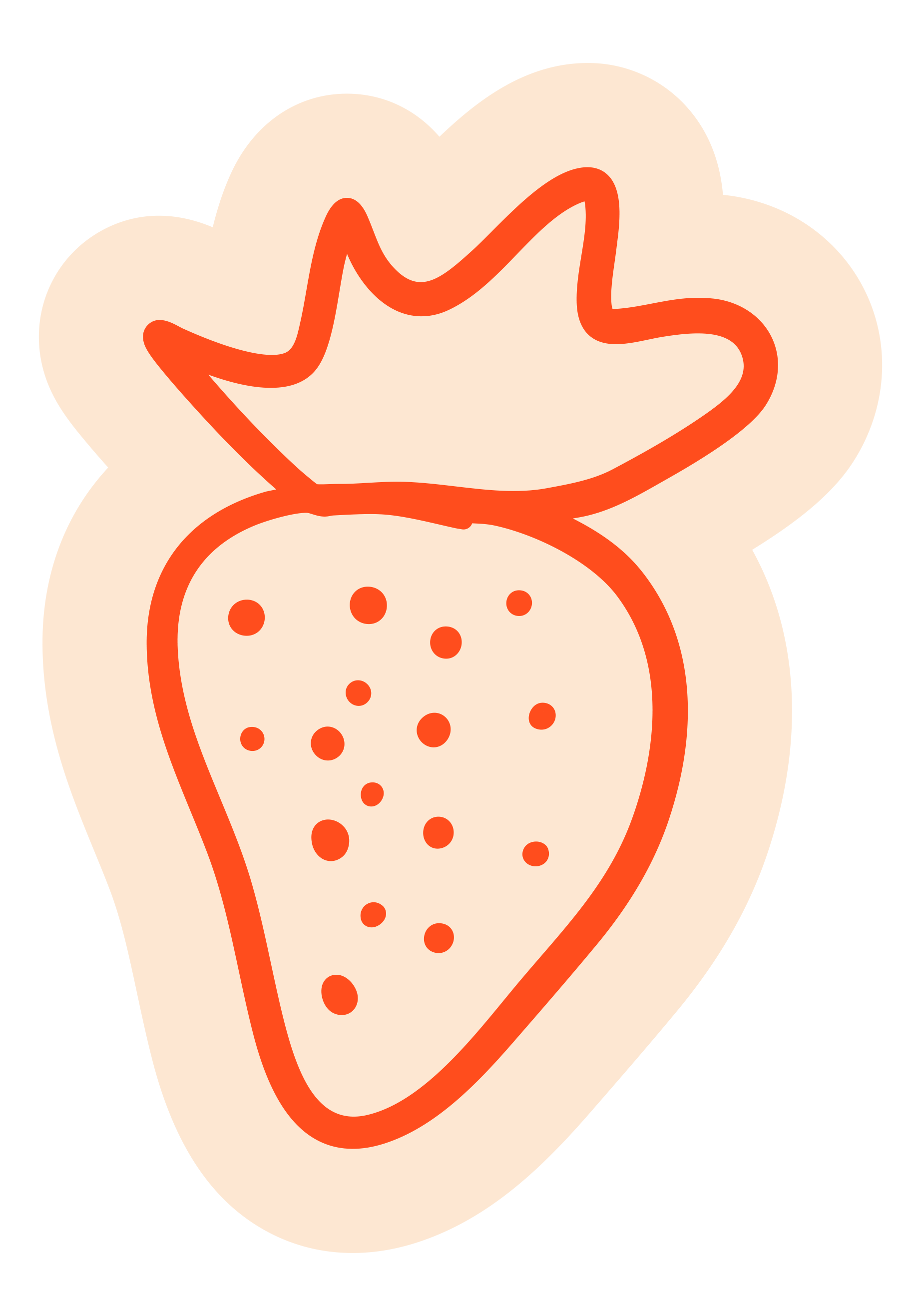Illustration of a strawberry with seeds and a stem for Hand It Down Kid's Resale Shop in Santa Cruz, CA (by artist and illustrator, Dorey Kronick)