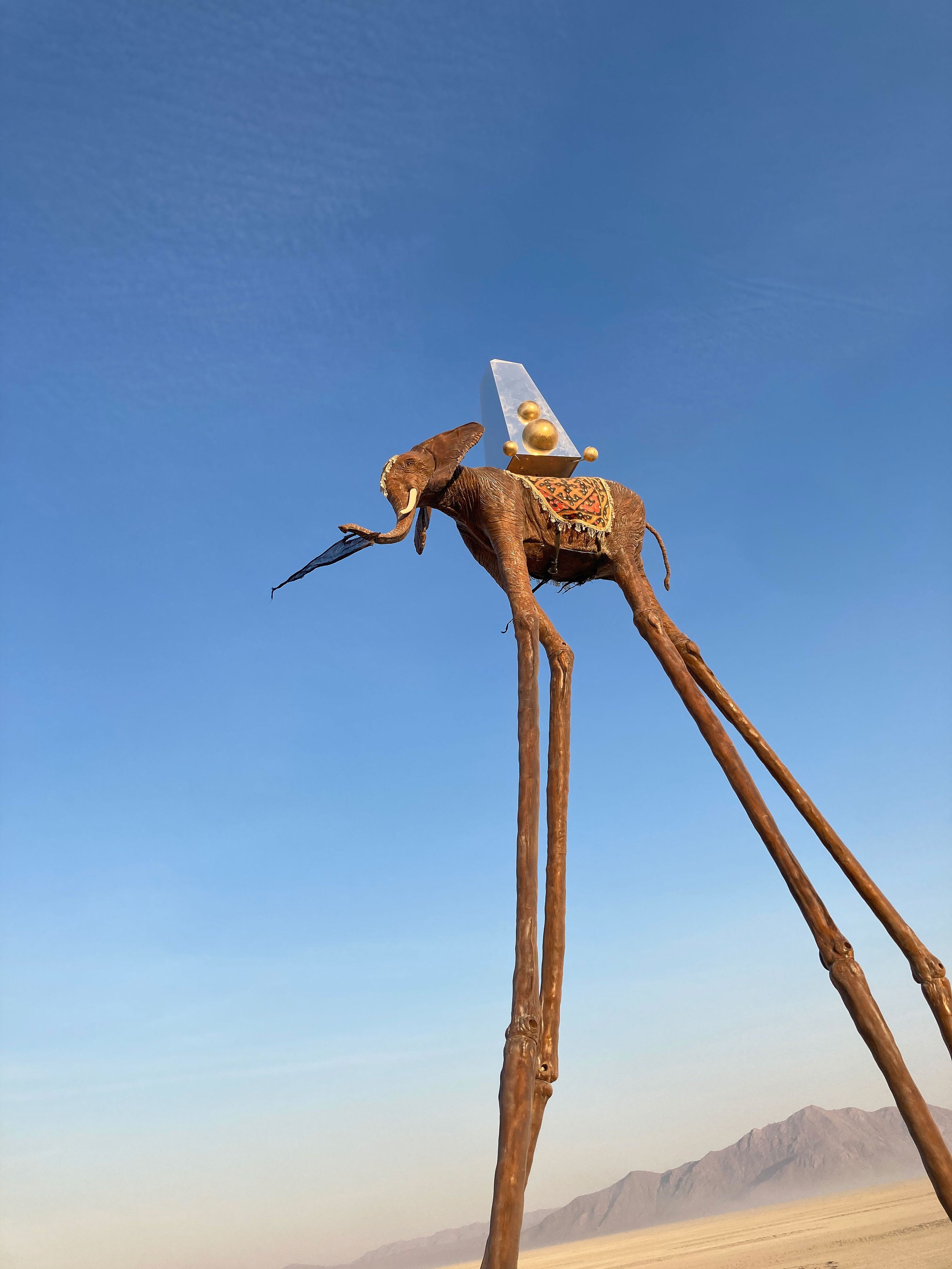 HOMAGE AU DALI 2019—Single Elephant Sculpture: 31’ H, Baroque Frame: 10’ x 12’, Miniature Greek Temple: 2’ x 3’, Resin, Fabric, Steel, Burning Man Installation