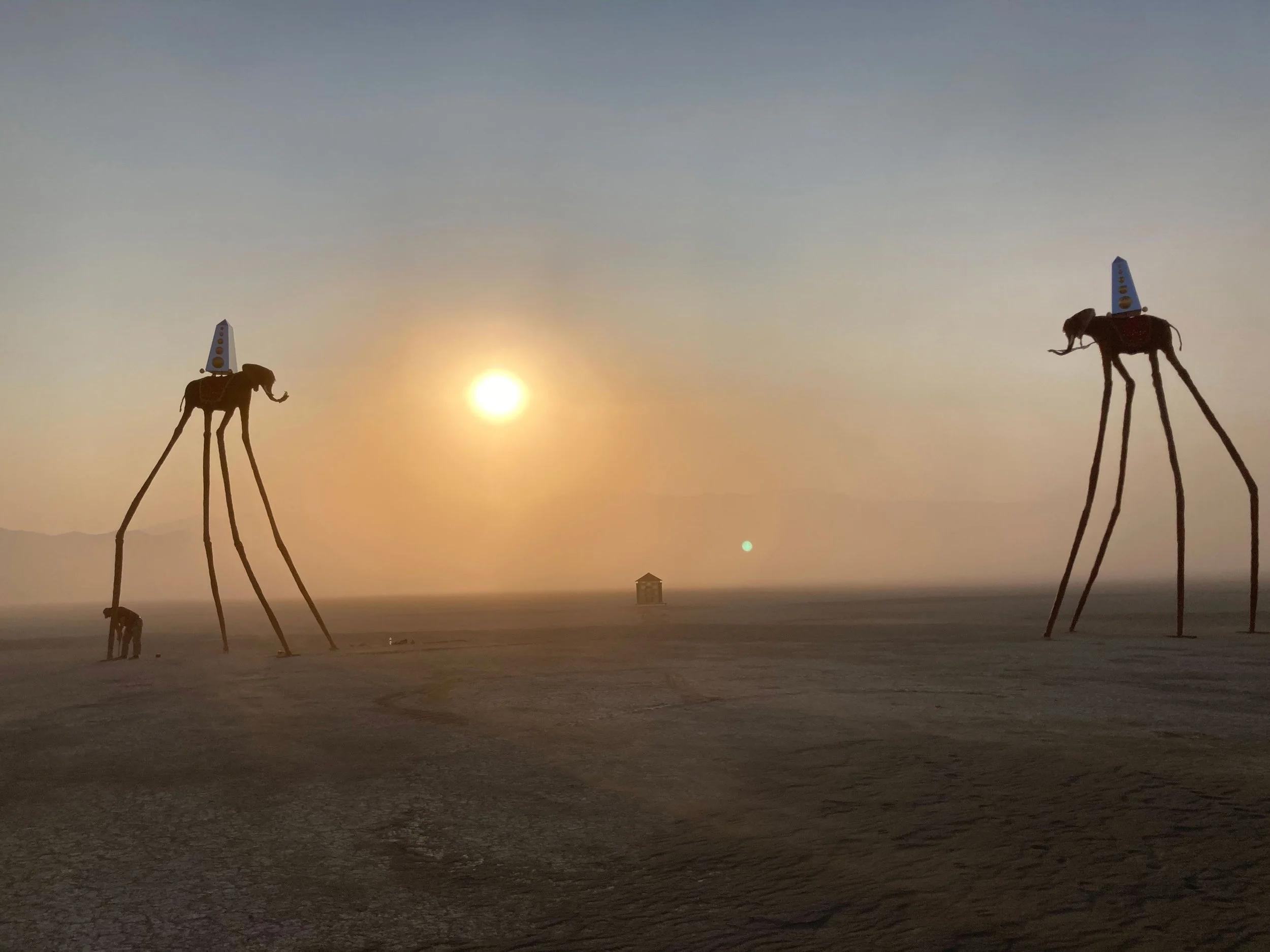 HOMAGE AU DALI  2019, 2 Elephant Sculptures: 31’ H, Baroque Frame: 10’ x 12’, Miniature Greek Temple: 2’ x 3’, Resin, Fabric, Steel, Burning Man Installation
