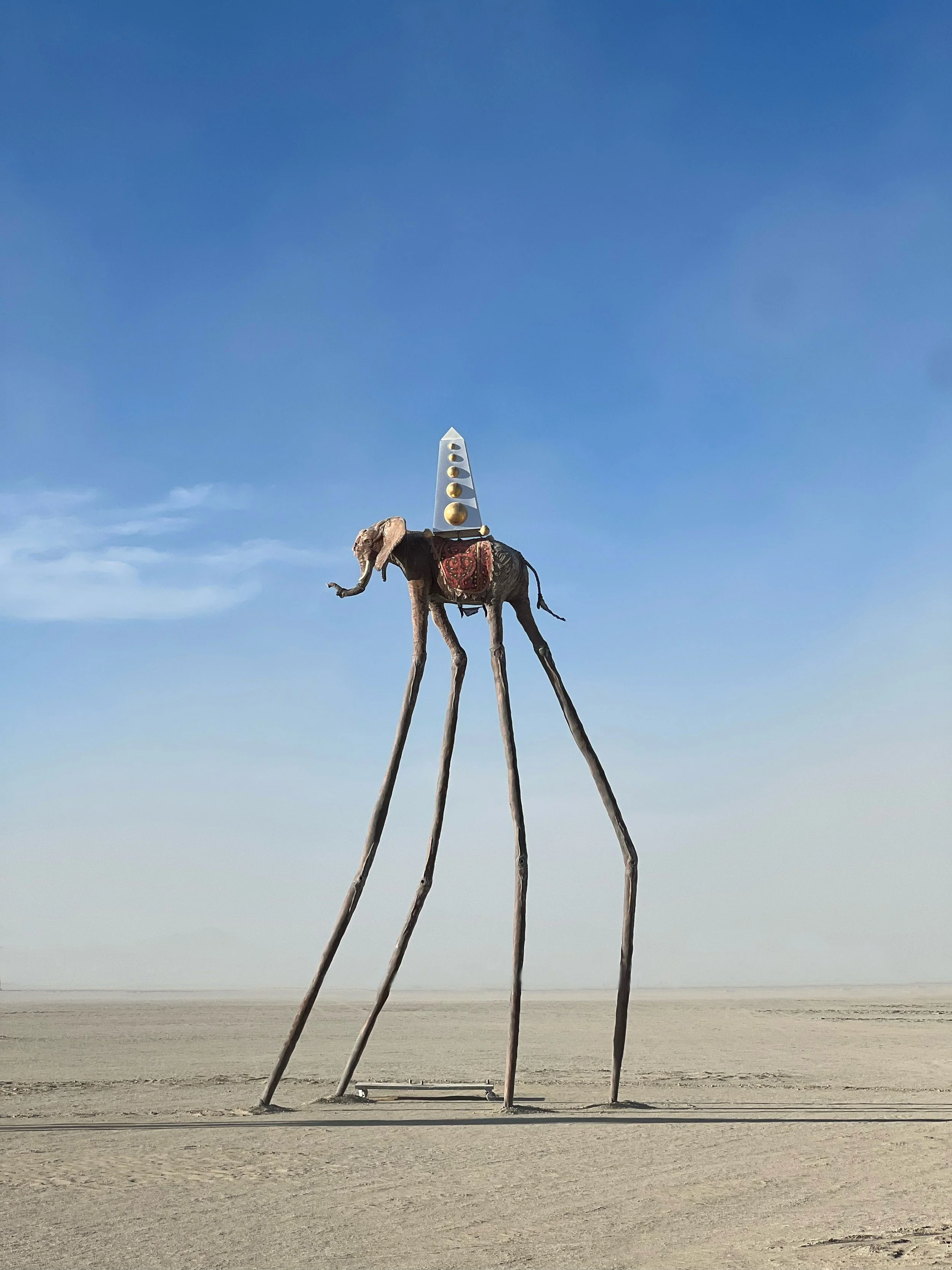 HOMAGE AU DALI 2019—Single Elephant Sculpture: 31’ H, Baroque Frame: 10’ x 12’, Miniature Greek Temple: 2’ x 3’, Resin, Fabric, Steel, Burning Man Installation