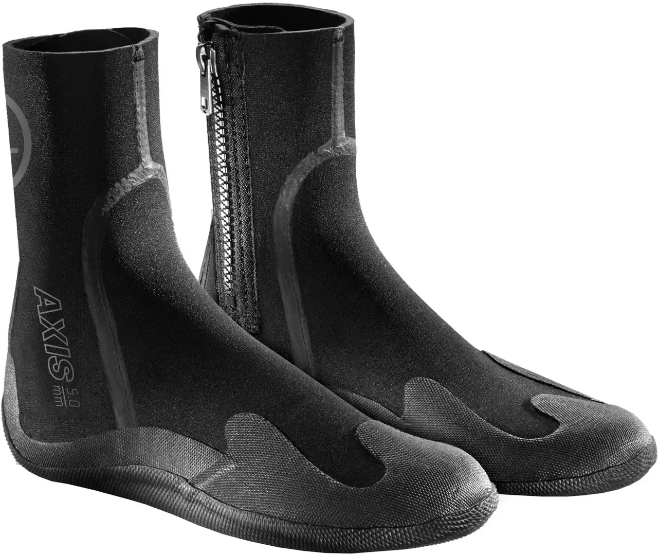 Pair of black wetsuit booties with zipper on the side for scuba diving or surfing