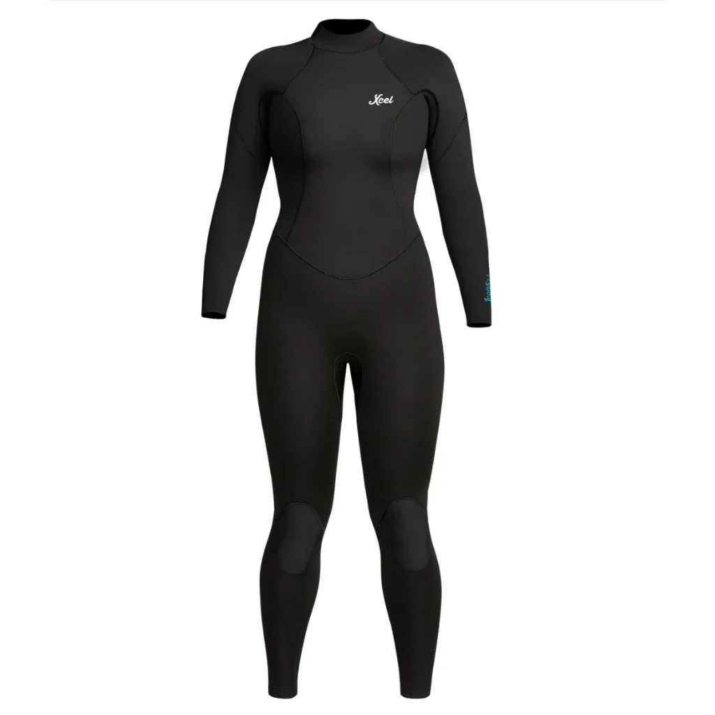 Black wetsuit with long sleeves and high collar, featuring the brand name 'Xcel' on the chest. The suit has reinforced knee pads and 'Lahaina' written on one sleeve.
