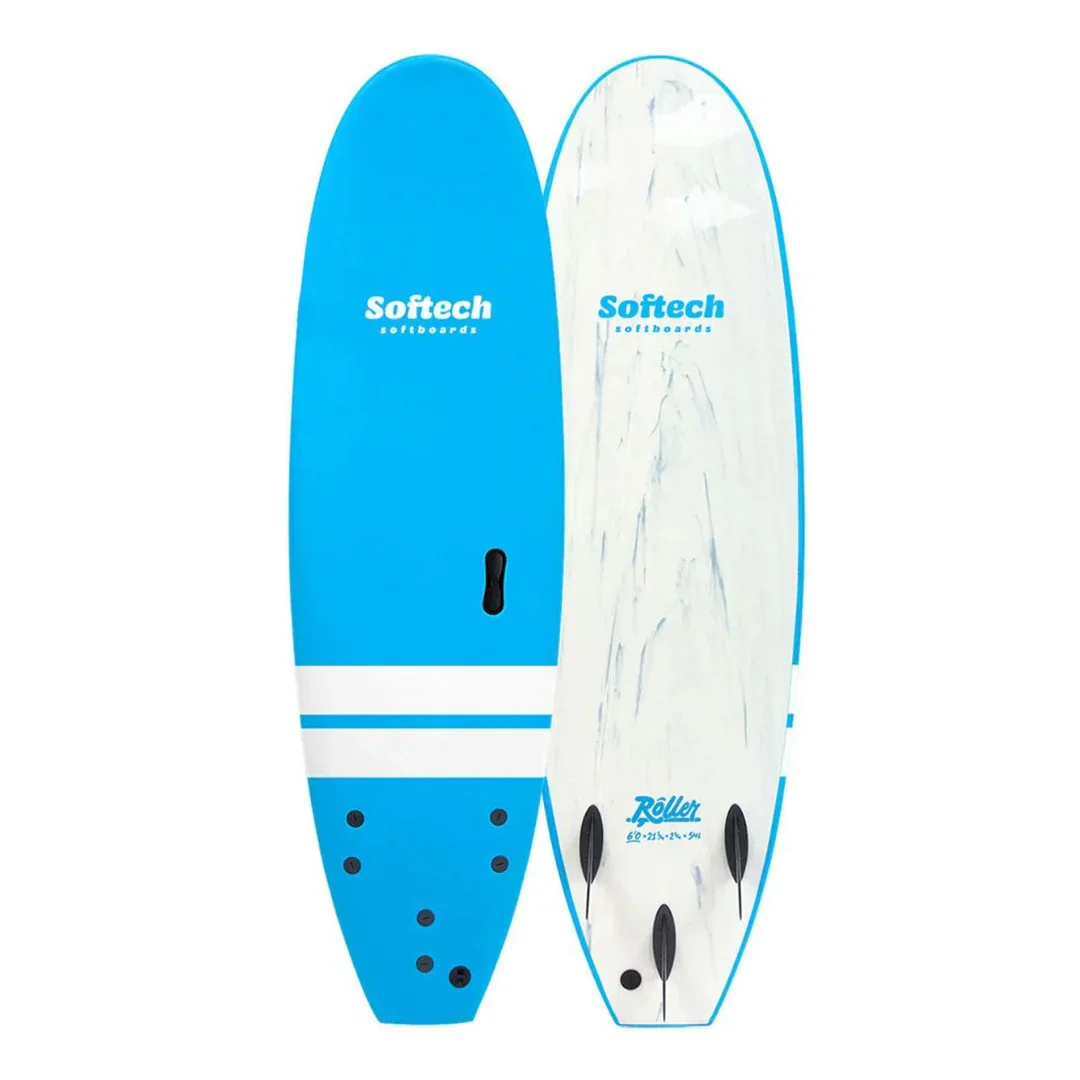 Two surfboards, one blue with white stripes and the other white with a blue outline, both branded 'Softech.'