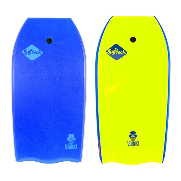 Two kickboards, one blue and one yellow, with the brand "Softeck" and a character illustration on each.