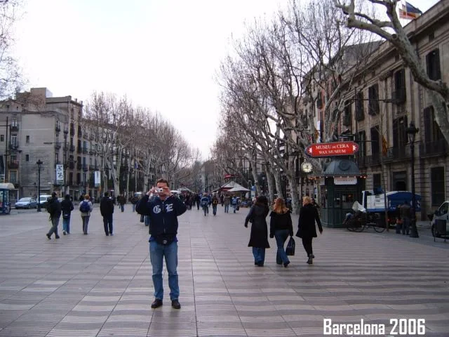 Blick auf eine belebte Straße in Barcelona im Jahr 2006 mit Fußgängern, Bäumen und historischen Gebäuden, darunter das Museu d'Art Contemporani de Barcelona.