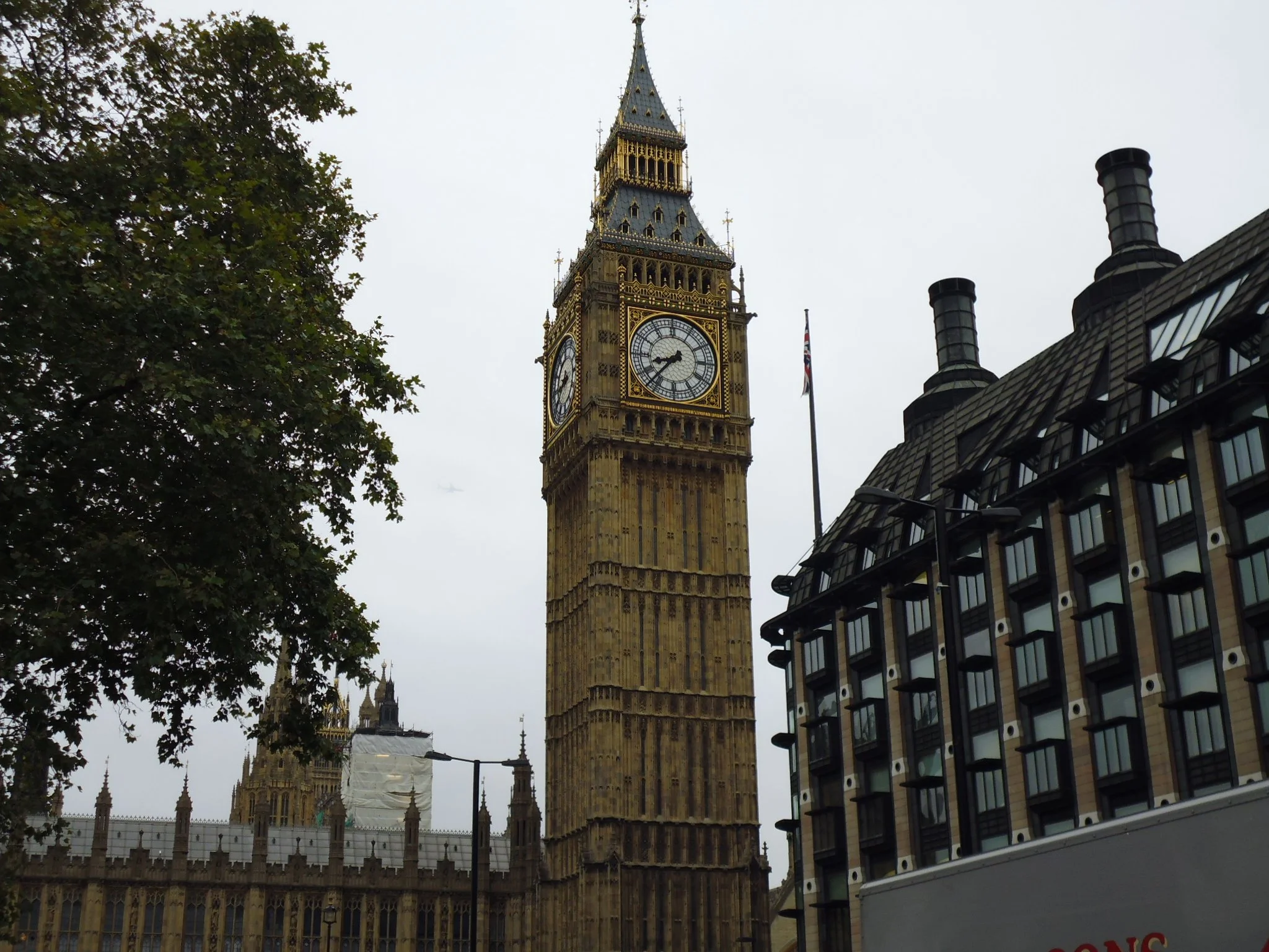Das Bild zeigt das berühmte Wahrzeichen Big Ben in London, umgeben von Bäumen und modernen Gebäuden bei bewölktem Himmel.