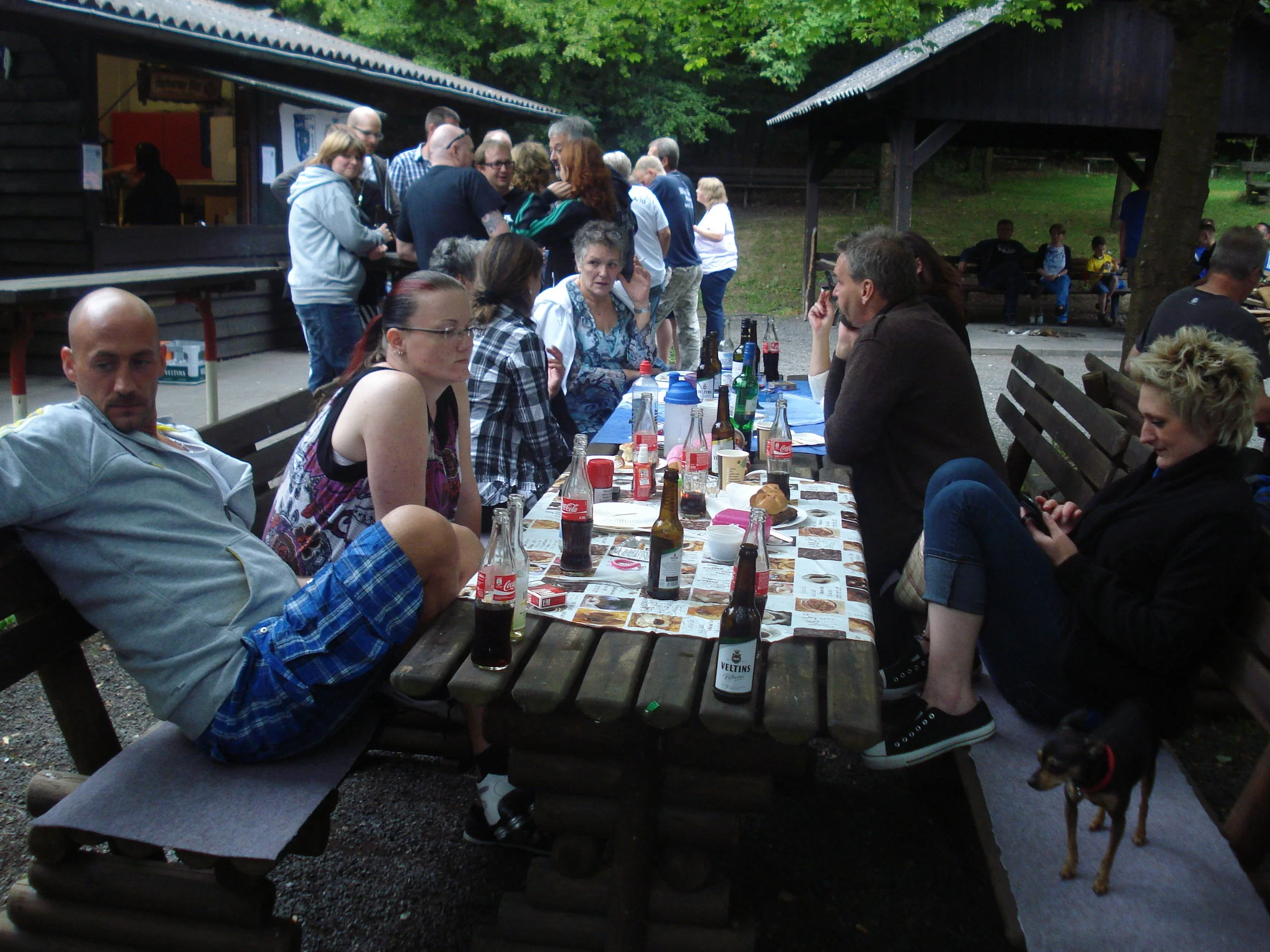 Gruppe von Menschen beim Essen im Freien an einem langen Holztisch mit Getränken und Lebensmitteln, im Hintergrund eine kleine Hütte und grüne Bäume.