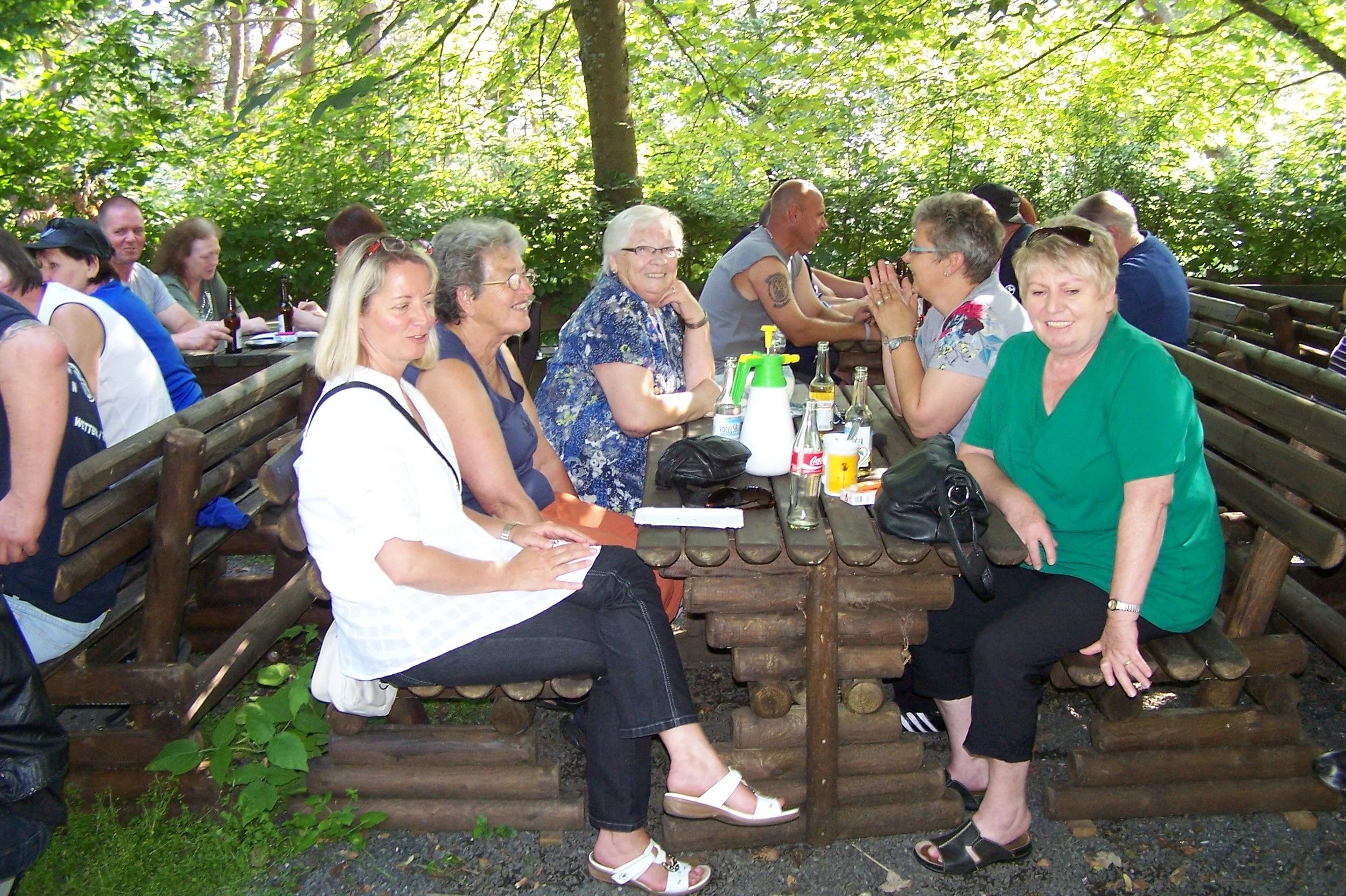 Eine Gruppe von Personen sitzt an einem langen Holztisch im Freien unter Bäumen, die Schatten spenden. Sie sind beim Essen und Trinken, lachen und unterhalten sich. Es gibt Getränke wie Bier, Wein und Softdrinks auf dem Tisch. Die Atmosphäre wirkt en