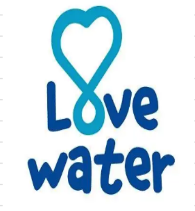 A blue heart-shaped water droplet with the words "Love Water" written in blue underneath.
