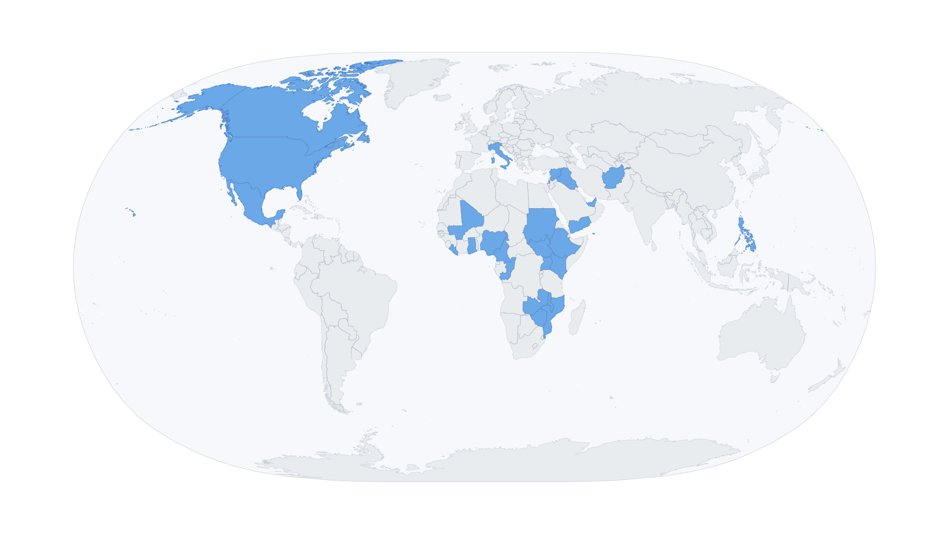 Map highlighting countries in blue, representing places where a specific characteristic or data point is relevant.