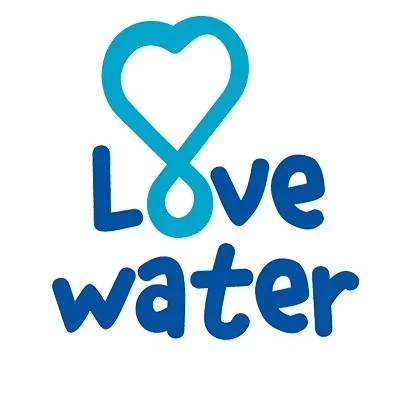 A blue heart shape with an infinity symbol in the middle, above the words "Love water" in stylized blue font.