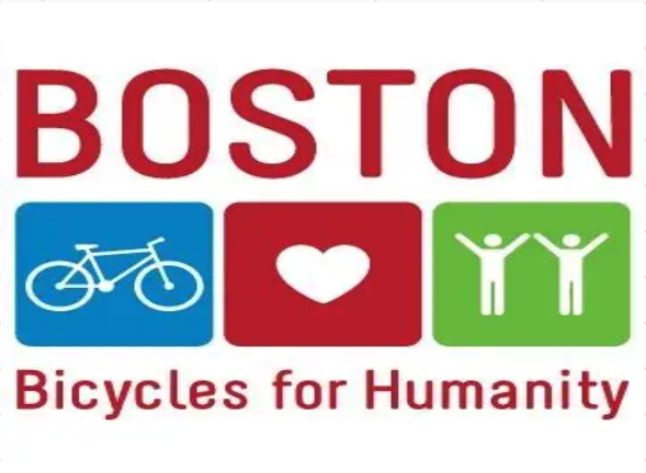 Logo for Boston Bicycles for Humanity featuring the text 'BOSTON Bicycles for Humanity' with icons of a bicycle, a heart, and two people with raised arms.