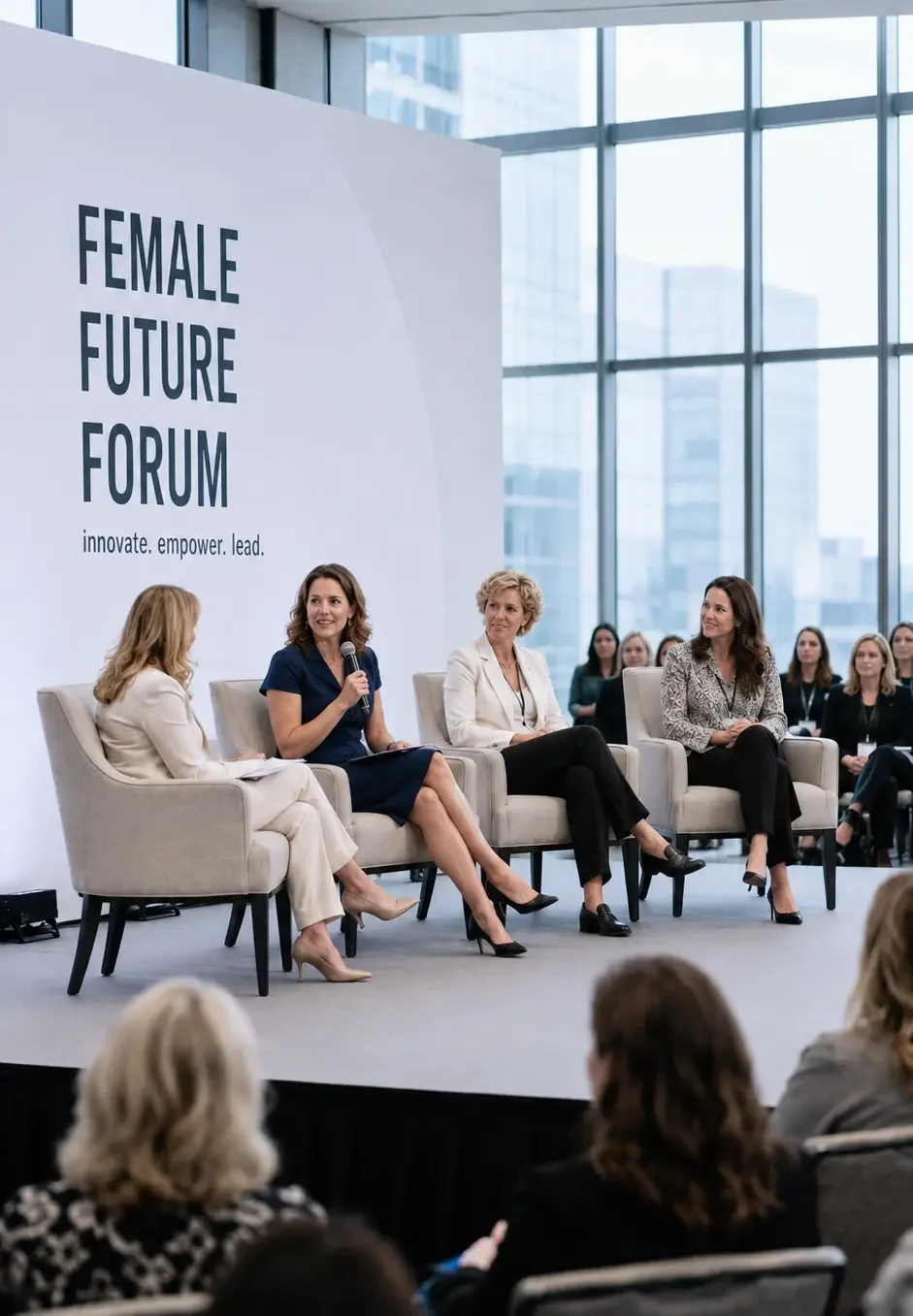 Eine Podiumsdiskussion bei einem Frauen-Future-Forum in einem modernen Gebäude mit großen Fenstern, vier Frauen sitzen auf Stühlen auf der Bühne, eine spricht mit einem Mikrofon, im Hintergrund sitzt das Publikum.