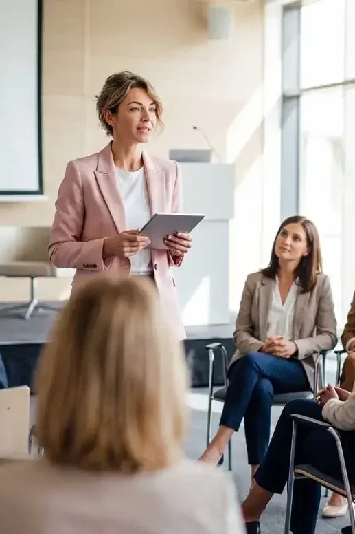 Eine Frau hält eine Präsentation vor einer Gruppe von Frauen in einem modernen Konferenzraum, mit großem Fenster im Hintergrund.