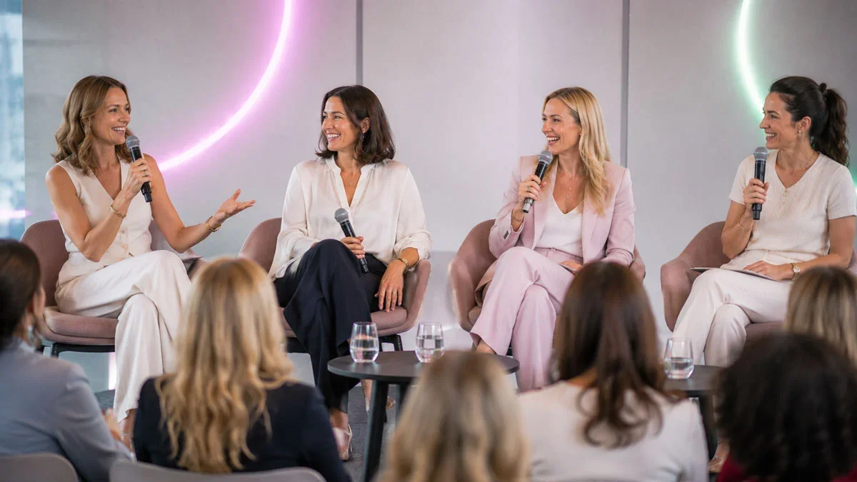 Vier Frauen diskutieren bei einer Podiumsdiskussion, alle halten Mikrofone und lachen.