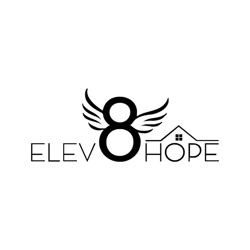 Logo with number 8, wings, and a house, featuring the words 'ELEV8 HOPE'.