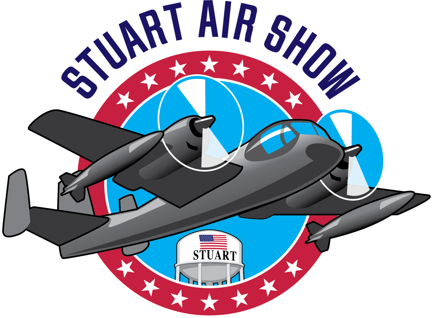 Illustration of a futuristic aircraft flying in front of a circular emblem with stars, stripes, and an American flag, with a water tower labeled 'STUART' in the background.