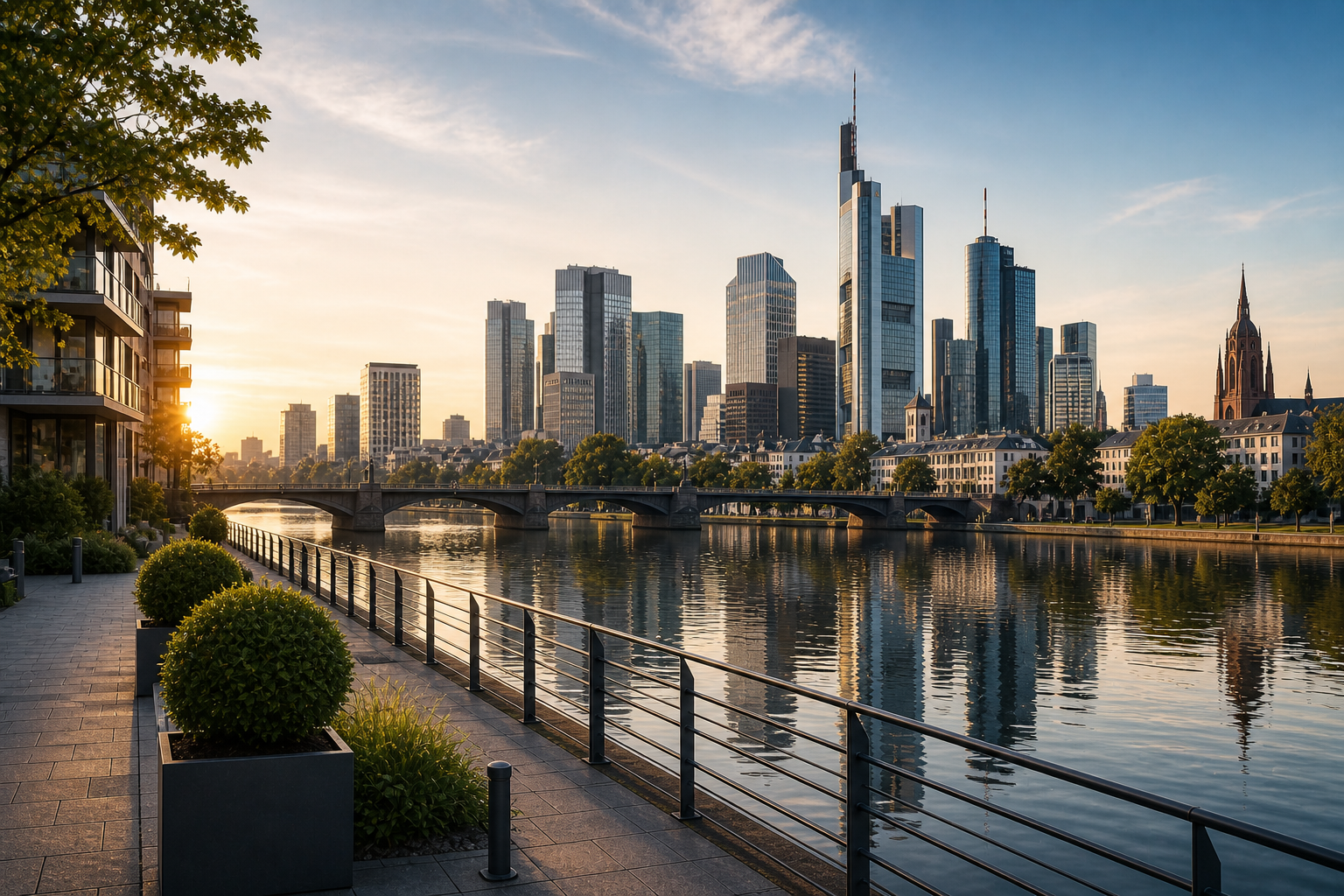 Stadt Skyline mit modernen Hochhäusern und Kirche, gesehen vom Flussufer bei Sonnenuntergang, reflektiert im Wasser.