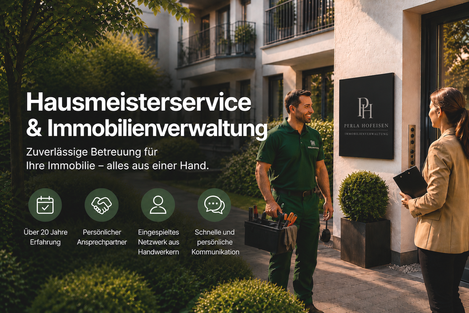 Werbeanzeige für Hausmeisterservice und Immobilienverwaltung mit einem Mann im grünen Arbeitsoutfit, der vor einem Haus steht und eine Frau mit Aktenordner bei einem Gespräch begrüßt. Text über 20 Jahre Erfahrung, persönlicher Ansprechpartner, Netzwerk aus Handwerkern sowie schnelle, persönliche Kommunikation.