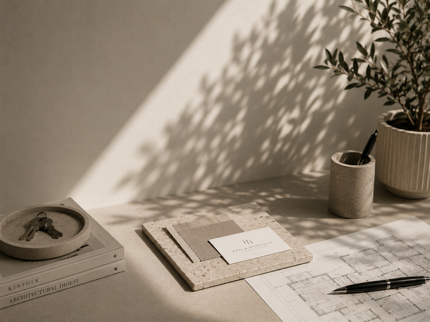 Schreibtisch mit Architekturzeichnungen, Kaffeetasse, Schlüssel, Pflanzen und Designmaterialien im natürlichen Licht.