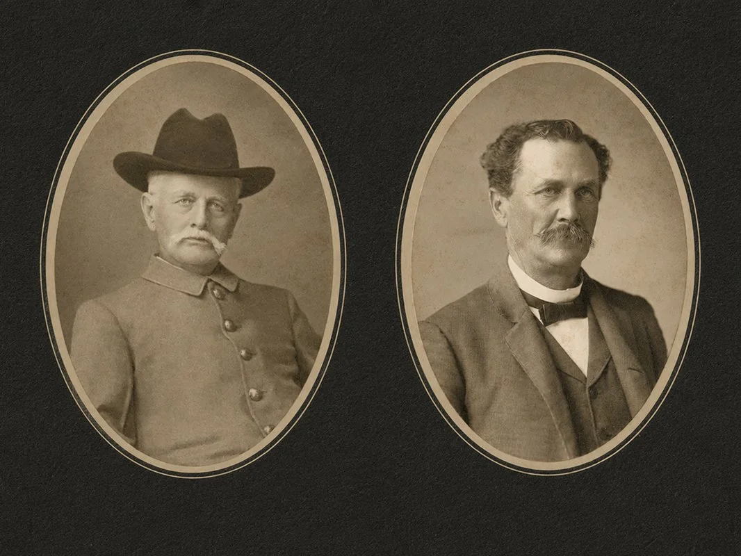 Two vintage black-and-white portrait photographs, one oval-shaped of a man with a mustache in formal attire, the other rectangular of a woman with a high-collared dress, on dark background.