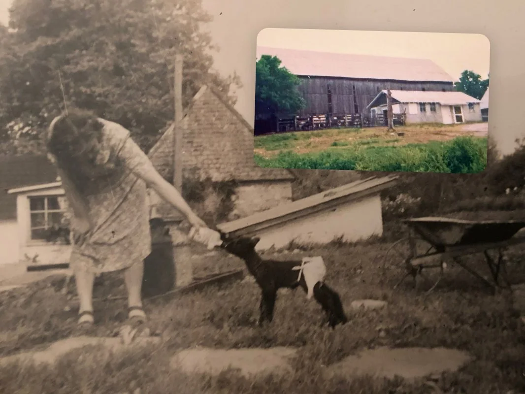 Black-and-white photo of a person holding a cat near a house with a sloped roof and trees in the background.
