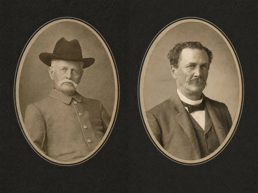 Two vintage black-and-white portrait photographs, one oval-shaped of a man with a mustache in formal attire, the other rectangular of a woman with a high-collared dress, on dark background.