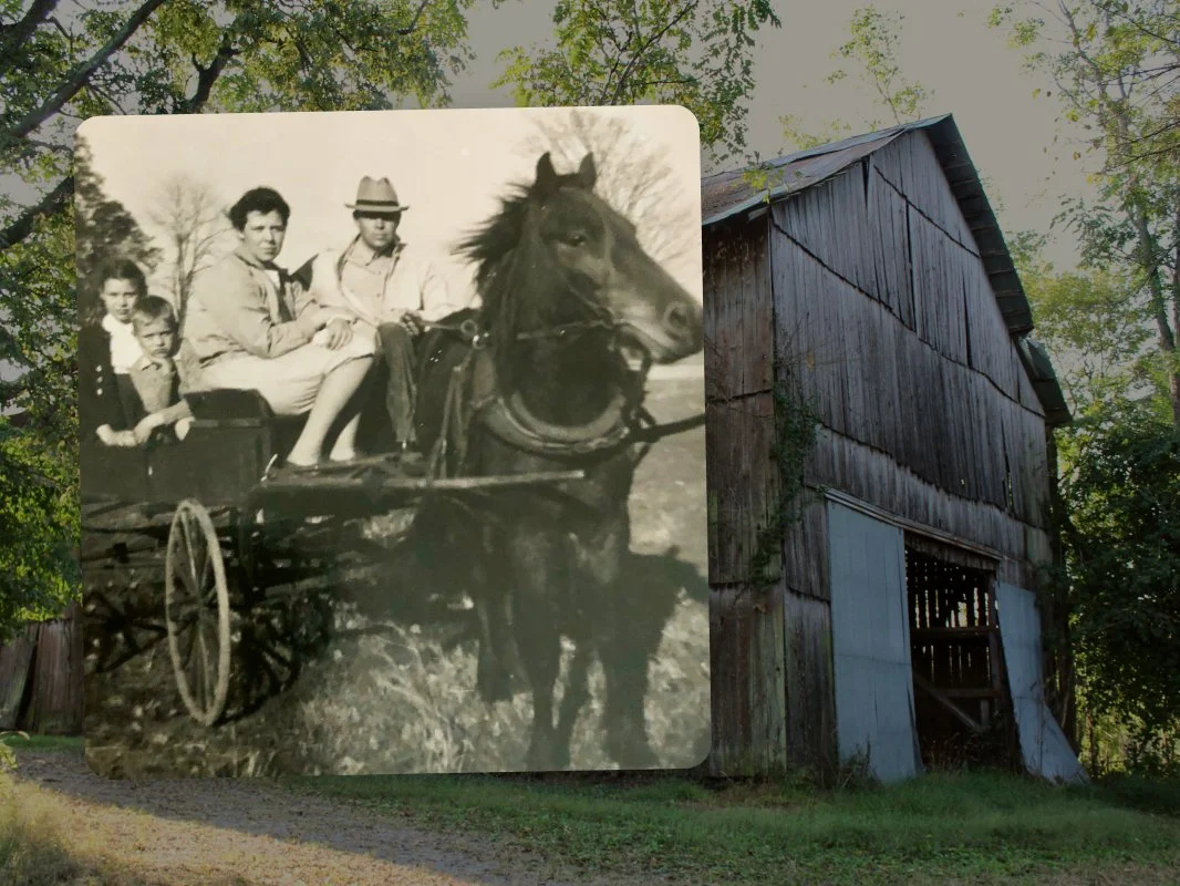 A vintage black-and-white photo of six people riding in a horse-drawn wagon, with four children and two adults, and a horse in the foreground.