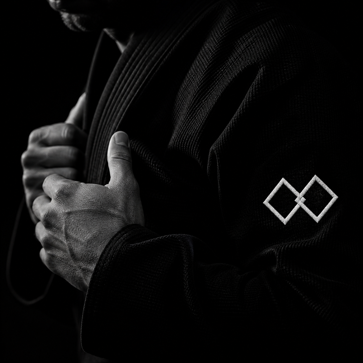 Close-up of a person wearing a black gi holding a black belt over their shoulder, with an embroidered patch of two interlocking diamonds on the sleeve. The image is in black and white.