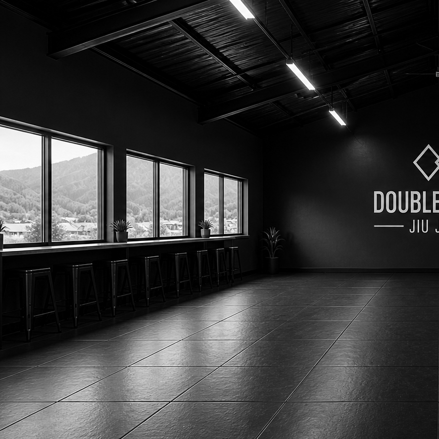 Empty martial arts studio with black walls, large windows overlooking mountains, and a polished tiled floor. There are stools along the wall, potted plants, and a logo on the wall reading 'DOUBLE' with additional text.