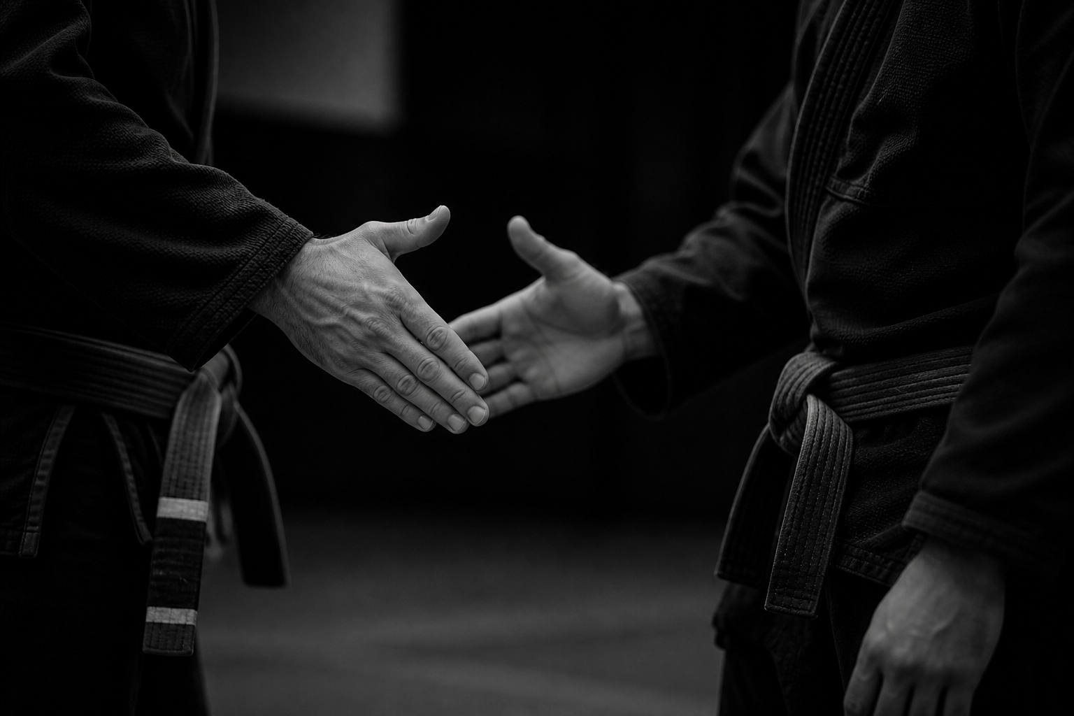 Two martial artists in gi uniforms shaking hands in a black-and-white image