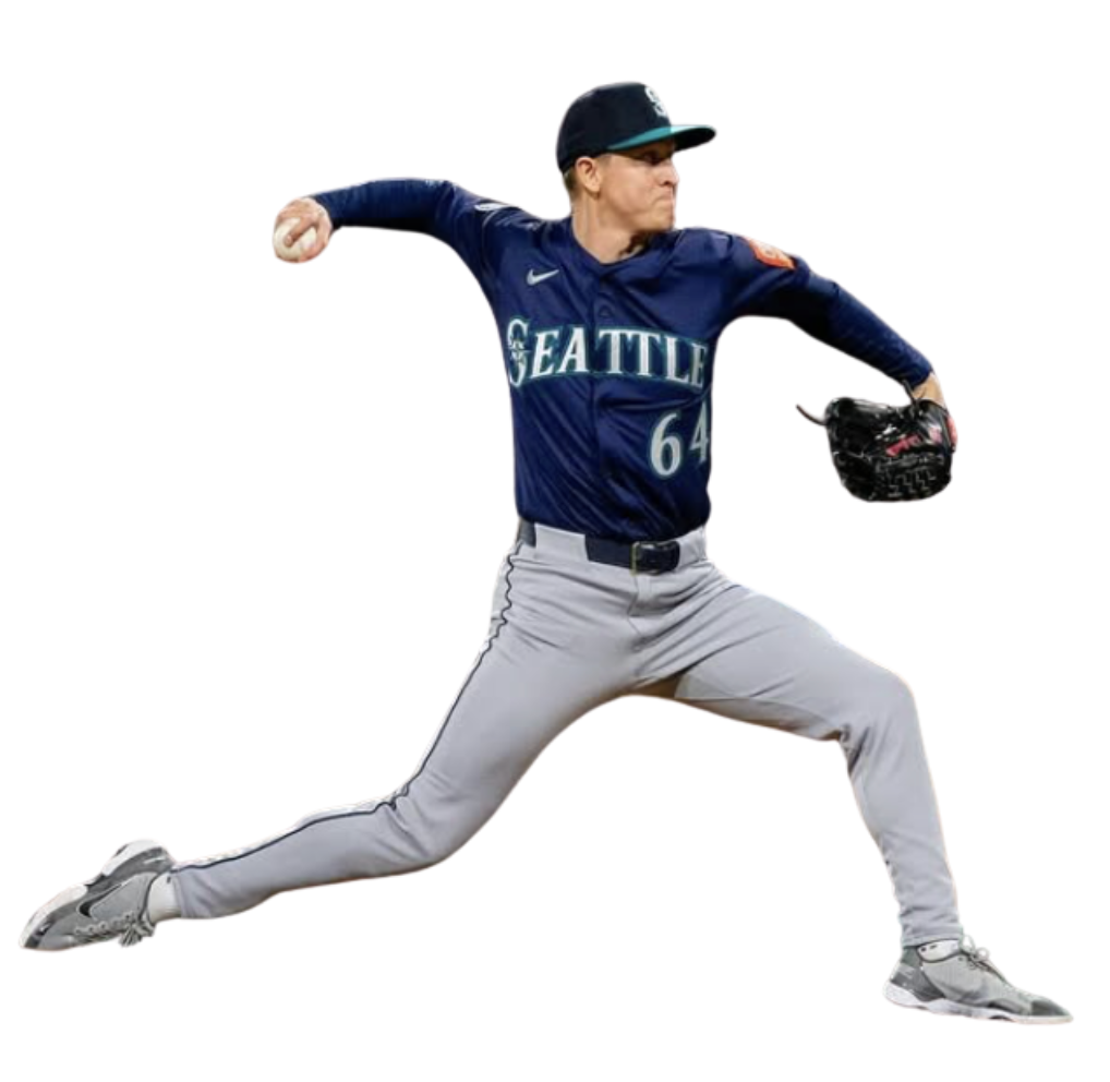 A baseball player in a Seattle Mariners uniform pitching a ball.