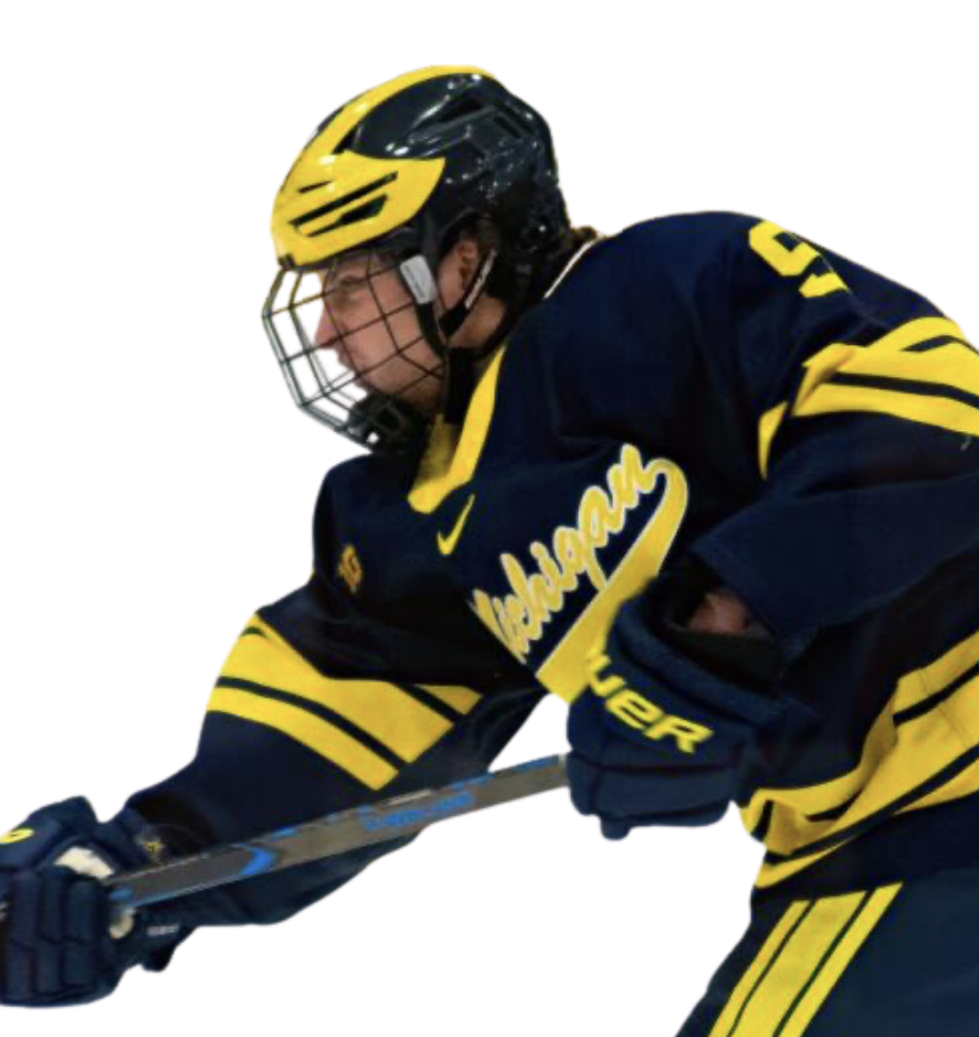 Hockey player in dark blue and yellow uniform with a yellow helmet, holding a hockey stick, on ice.