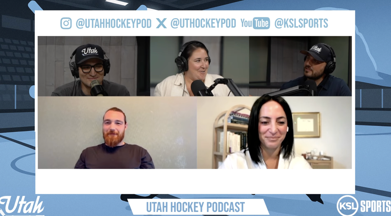 Screenshot of the Utah Hockey Podcast with four hosts and a guest, all wearing headphones, in a virtual meeting. The background includes social media handles and logos for Utah Hockey Pod and KSL Sports.