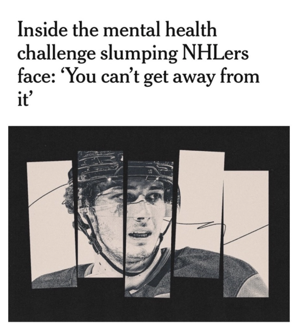 A newspaper or magazine article discussing mental health challenges faced by NHL players, featuring a distorted black-and-white photo of a hockey player wearing a helmet.