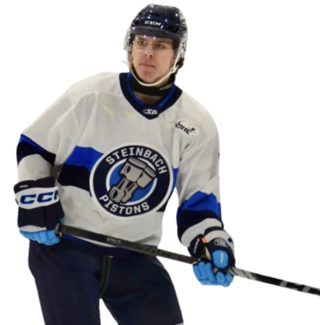 A male hockey player in a Steinbach Pistons jersey, holding a hockey stick, wearing a helmet and gloves, on ice.