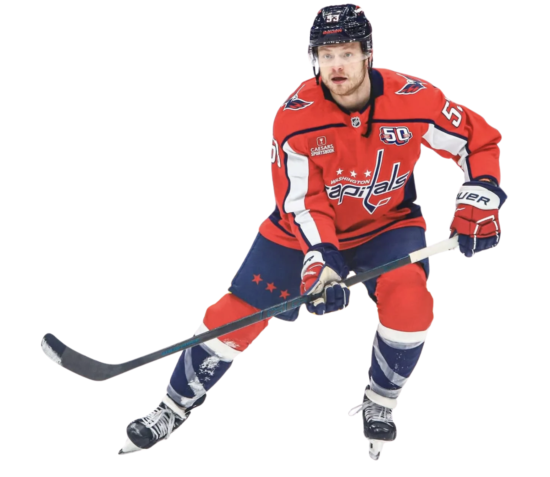 Ice hockey player in red Washington Capitals jersey leaning forward with hockey stick on ice.