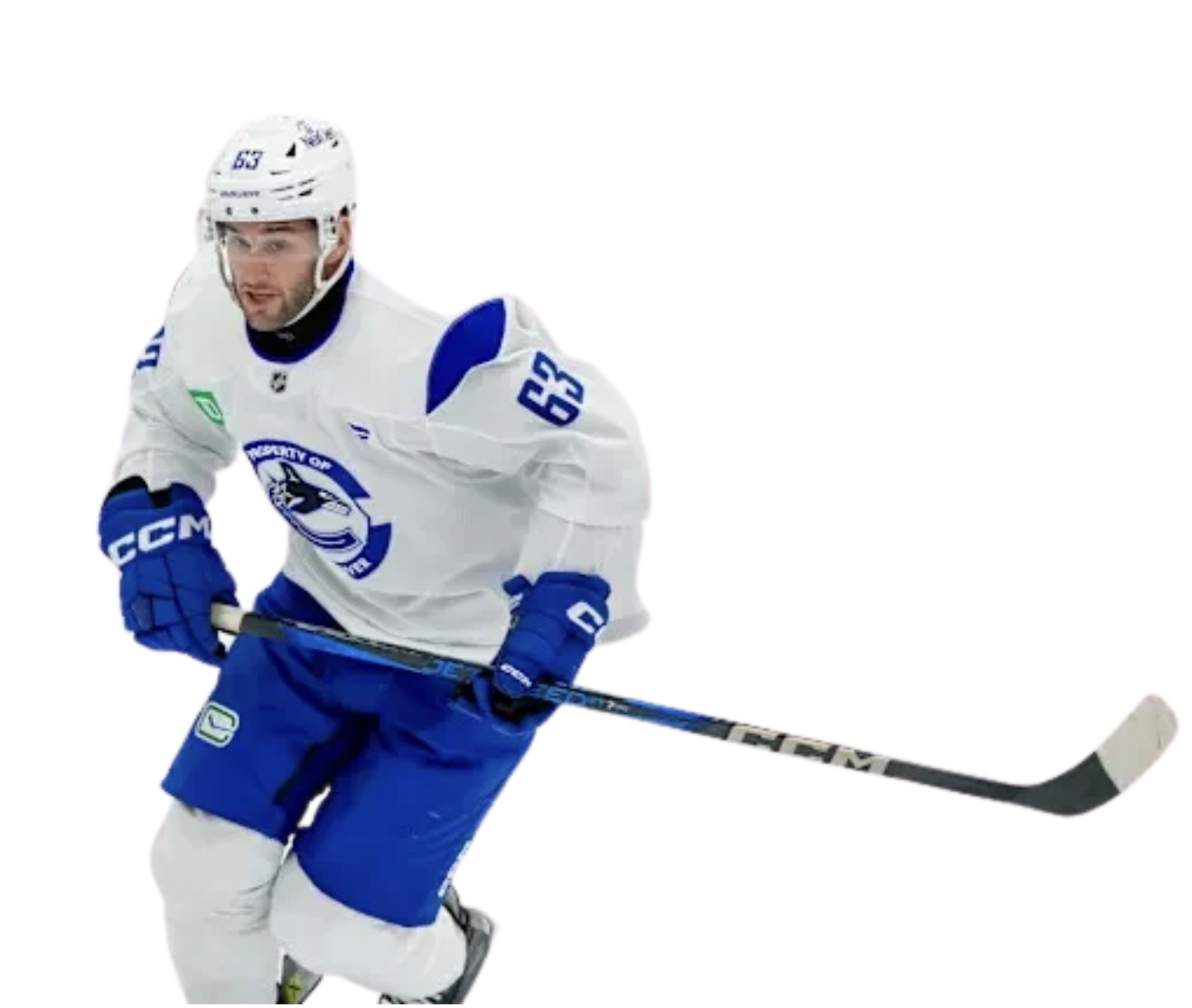 An ice hockey player in a white and blue uniform and helmet, holding a hockey stick on ice.